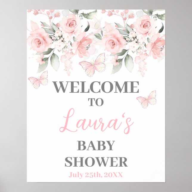 Poster Papillon et Baby shower floral rose Panneau de bie (Devant)