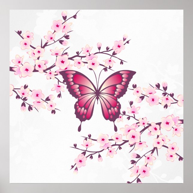 Poster Papillon et fleurs de cerisier roses et blanches (Devant)