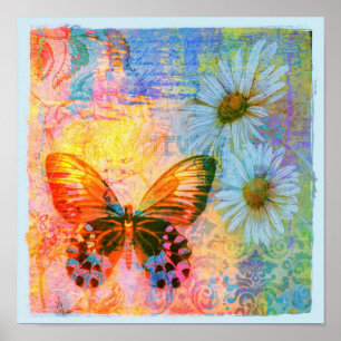 Poster papillon et marguerites