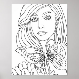 Poster Papillon Fille Femme face Coloration page