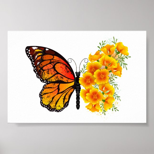 Poster Papillon fleur avec pavot de Californie jaune (Devant)