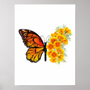 Poster Papillon Fleur avec Pavot de Californie Jaune