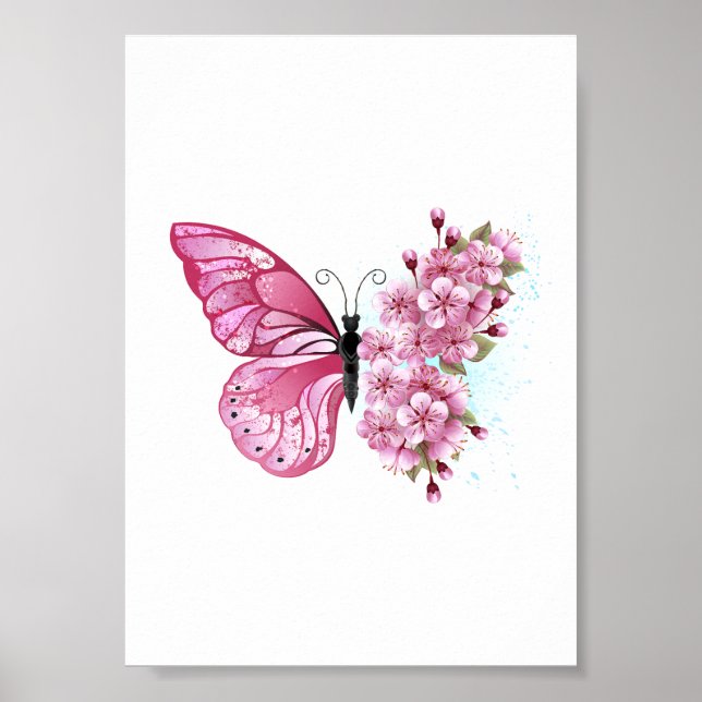 Poster Papillon Fleur avec Sakura Rose (Devant)