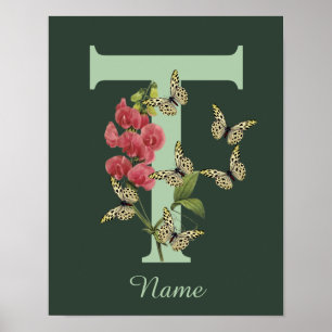 Poster Papillon Fleur Monogramme Initiale T Personnalisé