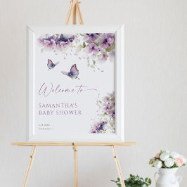 Poster Papillon fleuri violet baby shower signe d'accueil