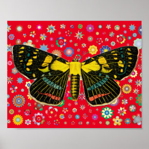 Poster papillon fleurs nature faune art rouge