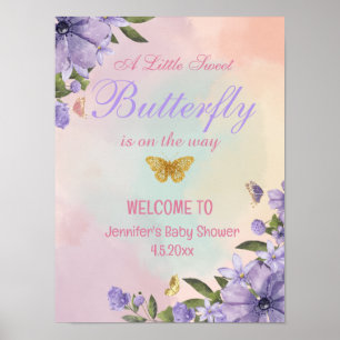 Poster papillon fleurs violettes baby shower signe de bie