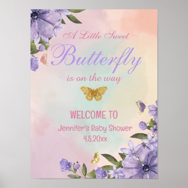 Poster papillon fleurs violettes baby shower signe de bie (Devant)
