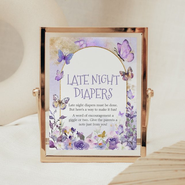 Poster Papillon floral enchanté Diapositives de nuit tard (Enchanted Floral Butterfly Arch Baby Shower Late Night Diapers Sign)