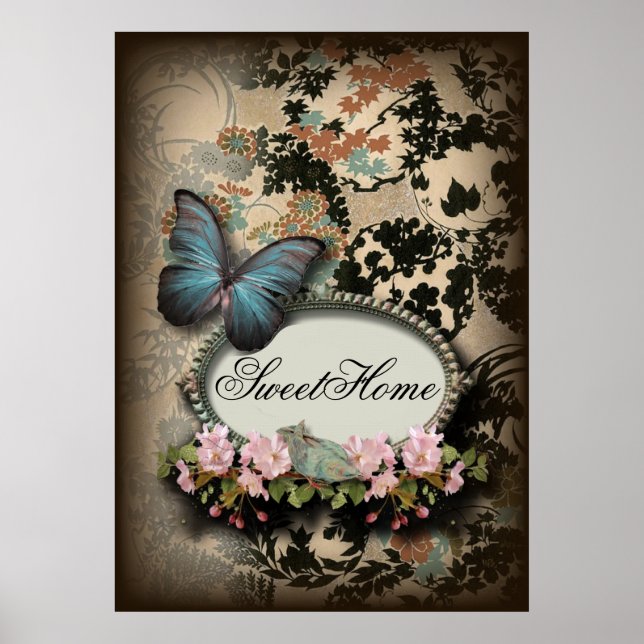 Poster papillon français à fleurs victoriennes (Devant)