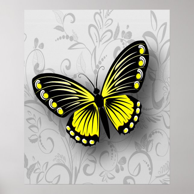 Poster Papillon jaune blanc sur floral gris (Devant)