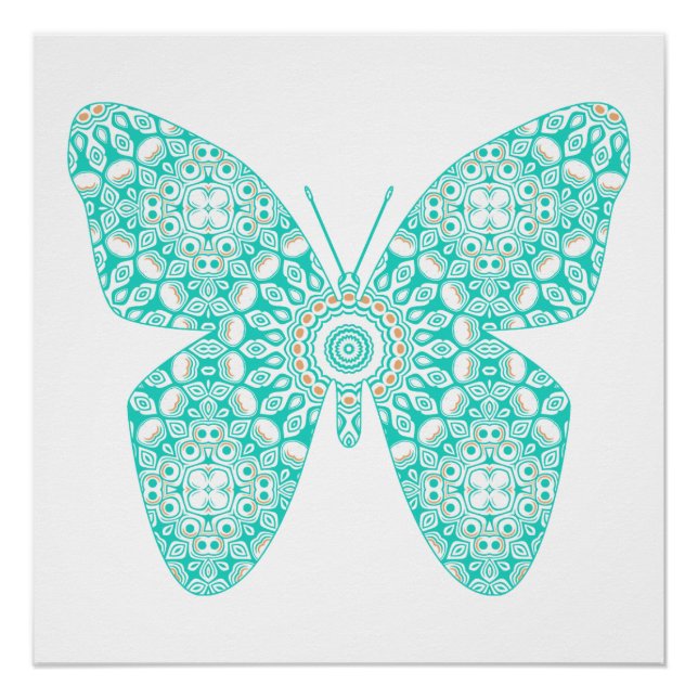 Poster Papillon Mandala Turquoise Design (Devant)