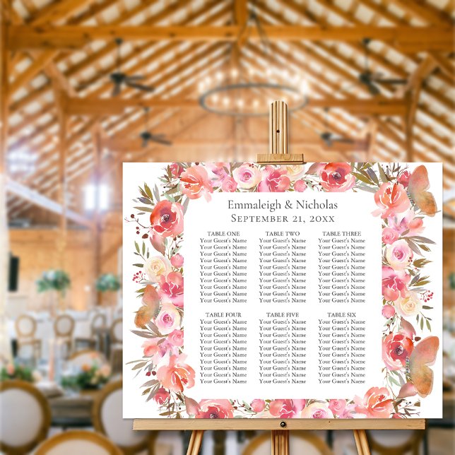 Poster Papillon Mariage Coral Boho Floral Seating Chart (Créateur téléchargé)