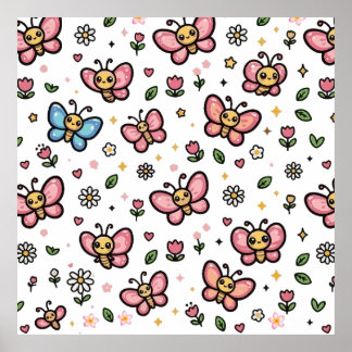 Poster Papillon Mignon Motif Floral Sans Couture Kawaii
