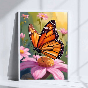 Poster Papillon Monarque Fleur Rose Peinture Florale