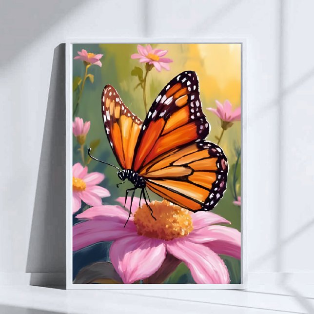 Poster Papillon Monarque Fleur Rose Peinture Florale (Créateur téléchargé)