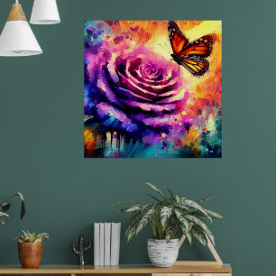 Poster Papillon monarque sur Rose violet au soleil coucha