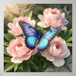 Poster Papillon Morpho Bleu Art Floral Botanique Poste