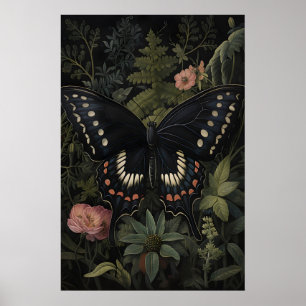Poster Papillon Noir Dans Jardin De Fleurs Sombres, Papil