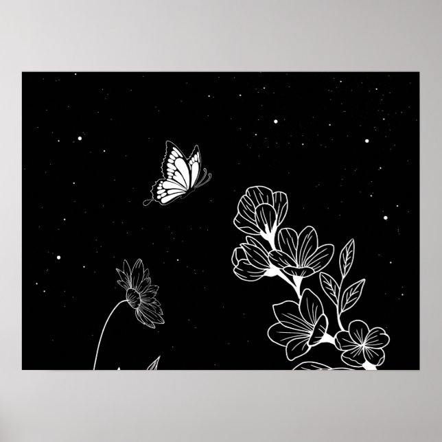Poster Papillon noir et blanc et fleurs à l'art nocturne (Devant)