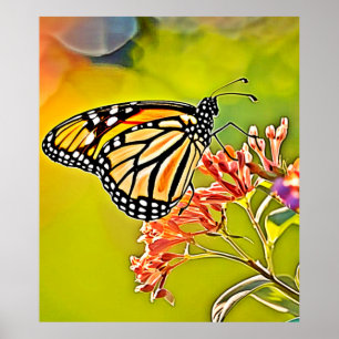 Poster Papillon orange sur la conception de fleurs roses