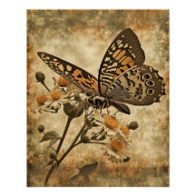 Papillon orange vintage aux fleurs blanches