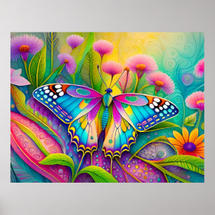 Poster Papillon psychédélique coloré et Fleur sauvage