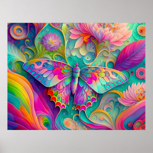 Poster Papillon psychédélique coloré et fleurs