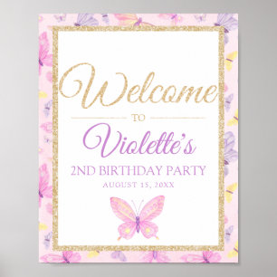 Poster Papillon rose et violet Accueil pour la fête d'ann