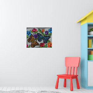 Poster Papillon rose fleurs dessin naturel original