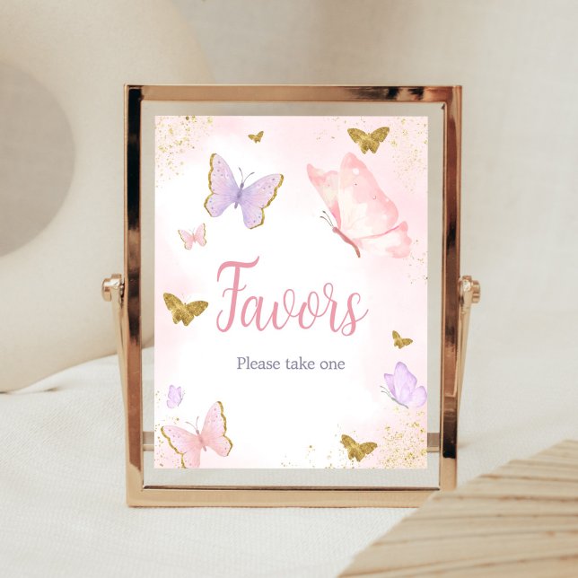 Poster Papillon rose Or Faveurs Printemps (Purple Gold Butterfly Baby Shower Favors Sign)