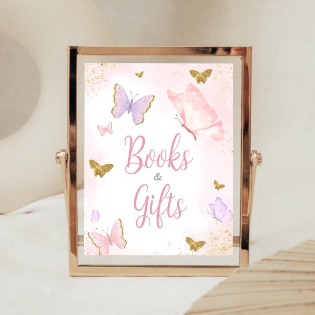 Poster Papillon rose Or Livres et cadeaux de printemps (Purple Gold Butterfly Baby Shower Books and Gifts Sign)