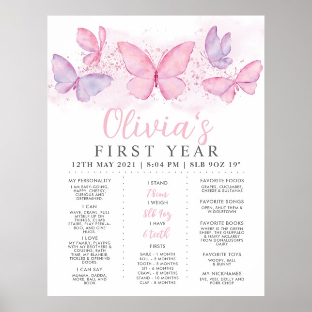 Poster Papillon rose pourpre Filles 1er anniversaire Jalo (Devant)