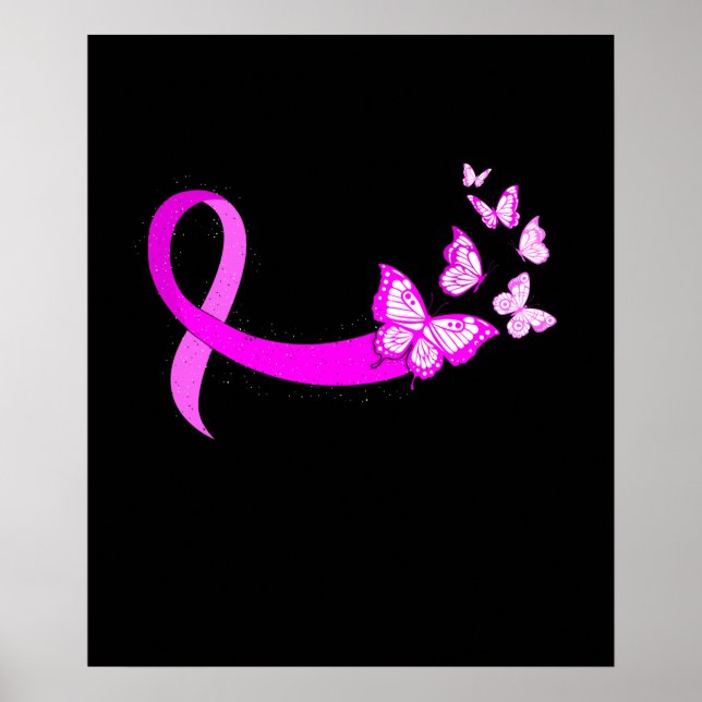 Poster Papillon rose Ruban Sensibilisation au cancer du s (Devant)