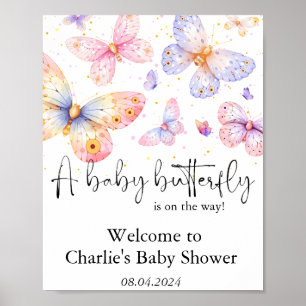 Poster Papillon rose violet Baby shower fille
