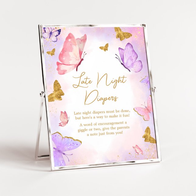 Poster Papillon rouge rose Or Diapositives nocturnes (Boho Butterfly Baby Shower Late Night Diapers Sign)
