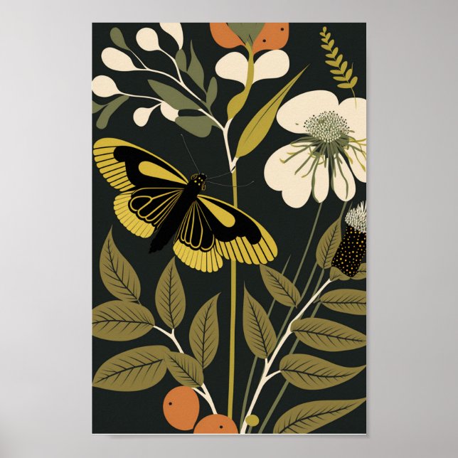 Poster Papillon scandinave danois Floral Boho Art (Devant)