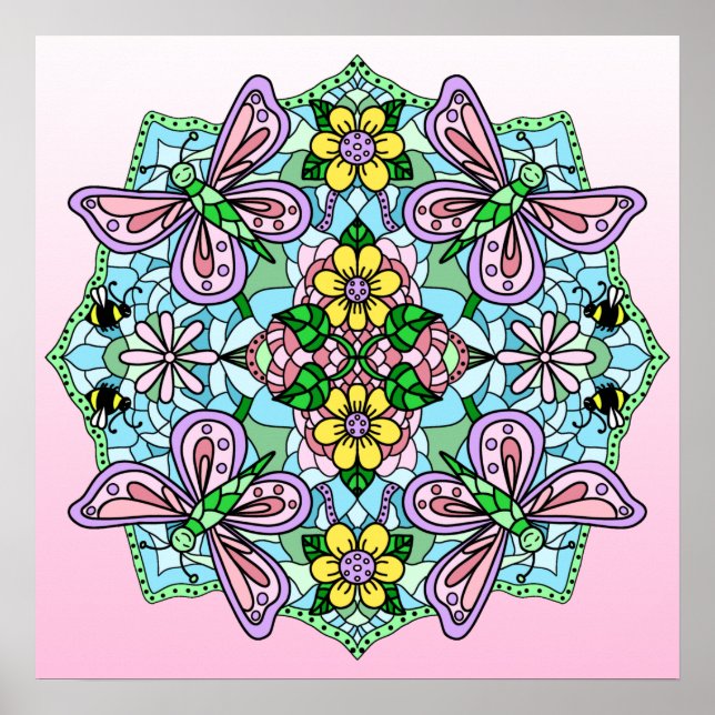 Poster Papillon Tiré À La Main Rose, Fleurs Mandala (Devant)