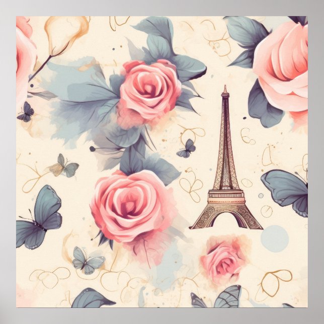 Poster Papillon Tour Eiffel et Motif Rose (Devant)