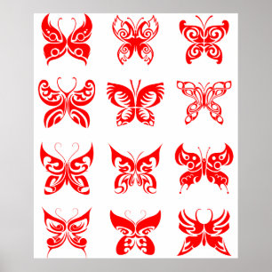 Poster Papillon Tribal Rouge Ornemental