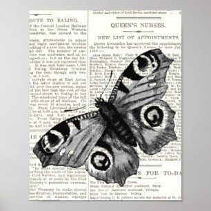 Poster Papillon Vintage antique et Script noir & blanc