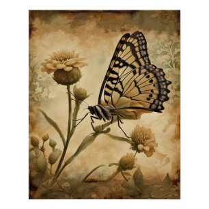 Poster Papillon vintage aux fleurs jaunes