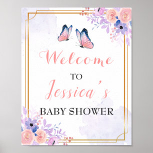 Poster Papillon violet rose Baby shower fille Bienvenue