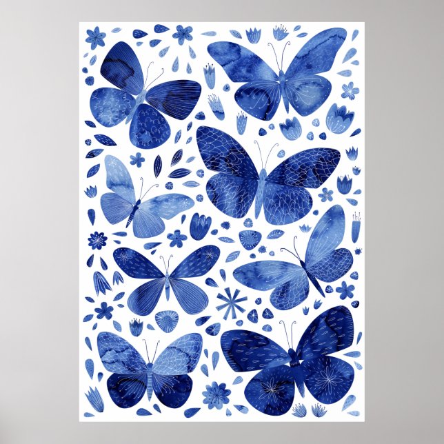 Poster Papillons Aquarelle Indigo Blue (Devant)