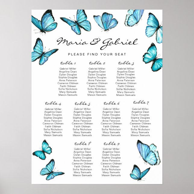 Poster Papillons d'aquarelle bleu Mariage Carte de siège (Devant)