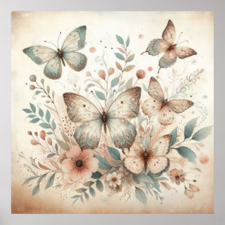 Poster Papillons de fleurs aux couleurs pastel aquarelle