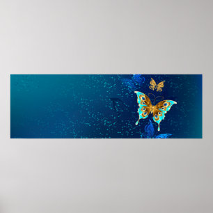 Poster Papillons d'or sur un Arrière - plan bleu