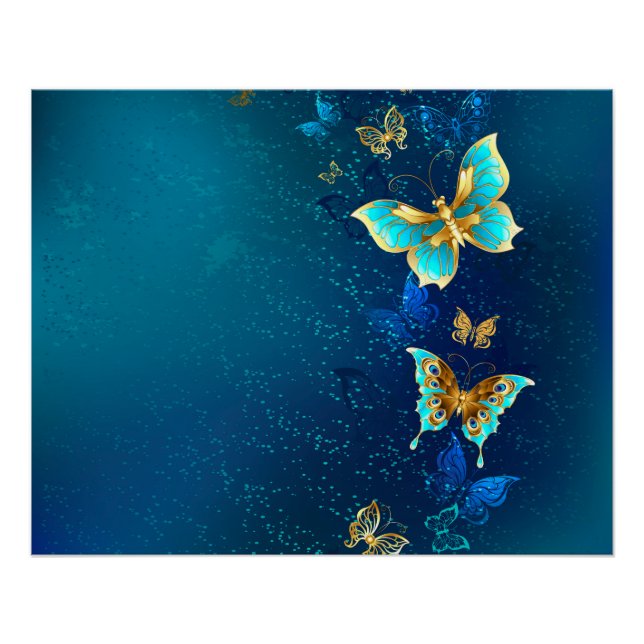 Poster Papillons d'or sur un Arrière - plan bleu (Devant)