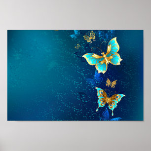 Poster Papillons d'or sur un Arrière - plan bleu