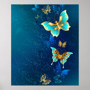 Poster Papillons d'or sur un Arrière - plan bleu